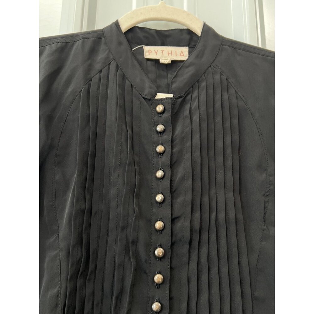 Pythia Pintuck Button Crop Blouse Size M Black Po… - image 5